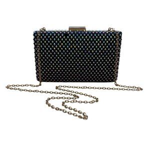 Black Lining Rhinestone Studded Gold Chain Strap Metallic Frame Crossbody Clutch
